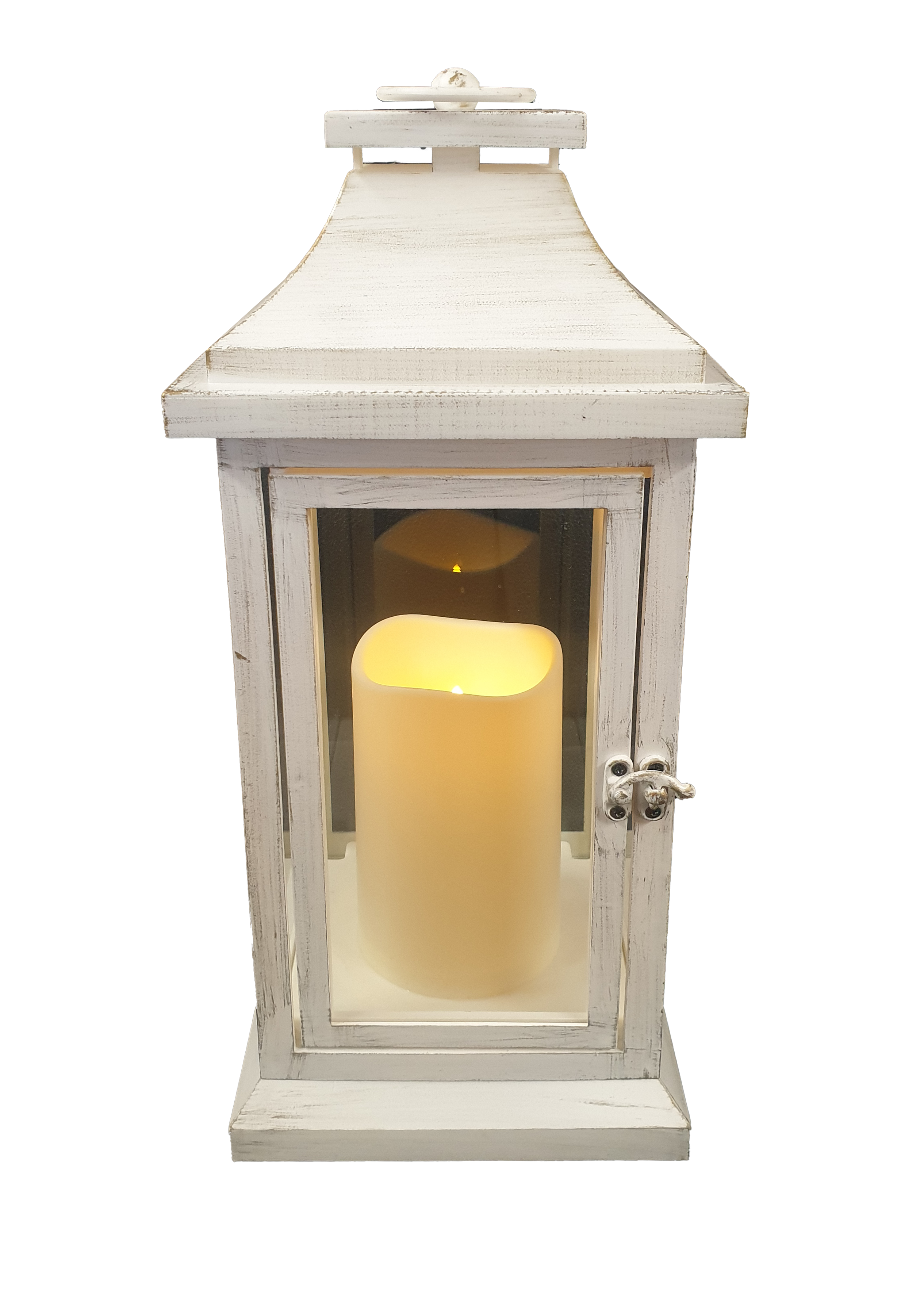 6112W White Lantern with Candle on Timer  6/Ctn