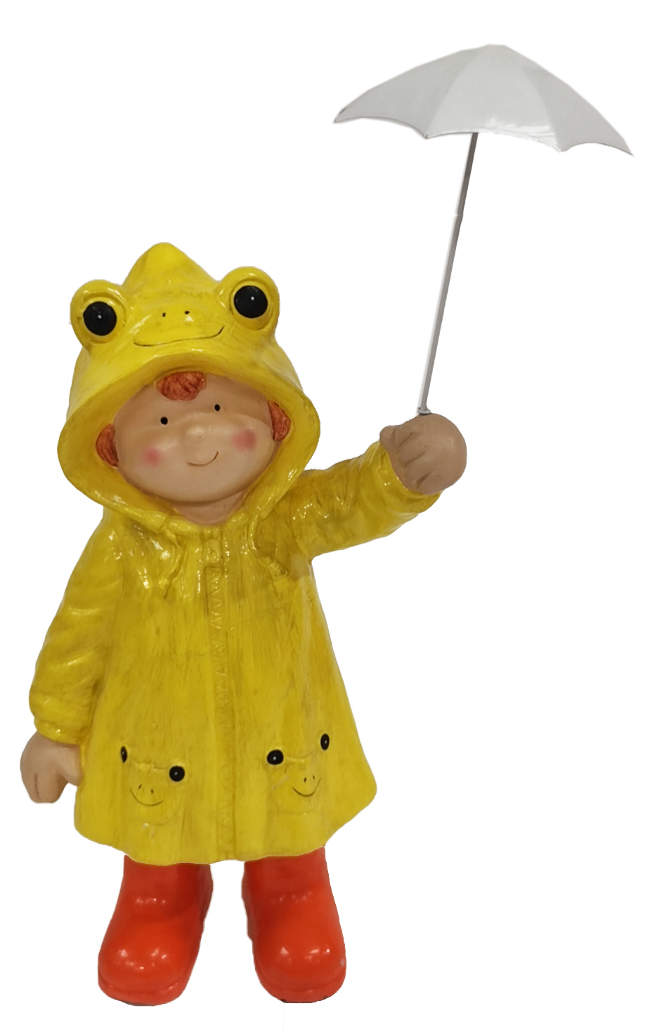 G0290 BOY WITH YELLOW RAINCOAT AND WHITE METAL UMBRELLA