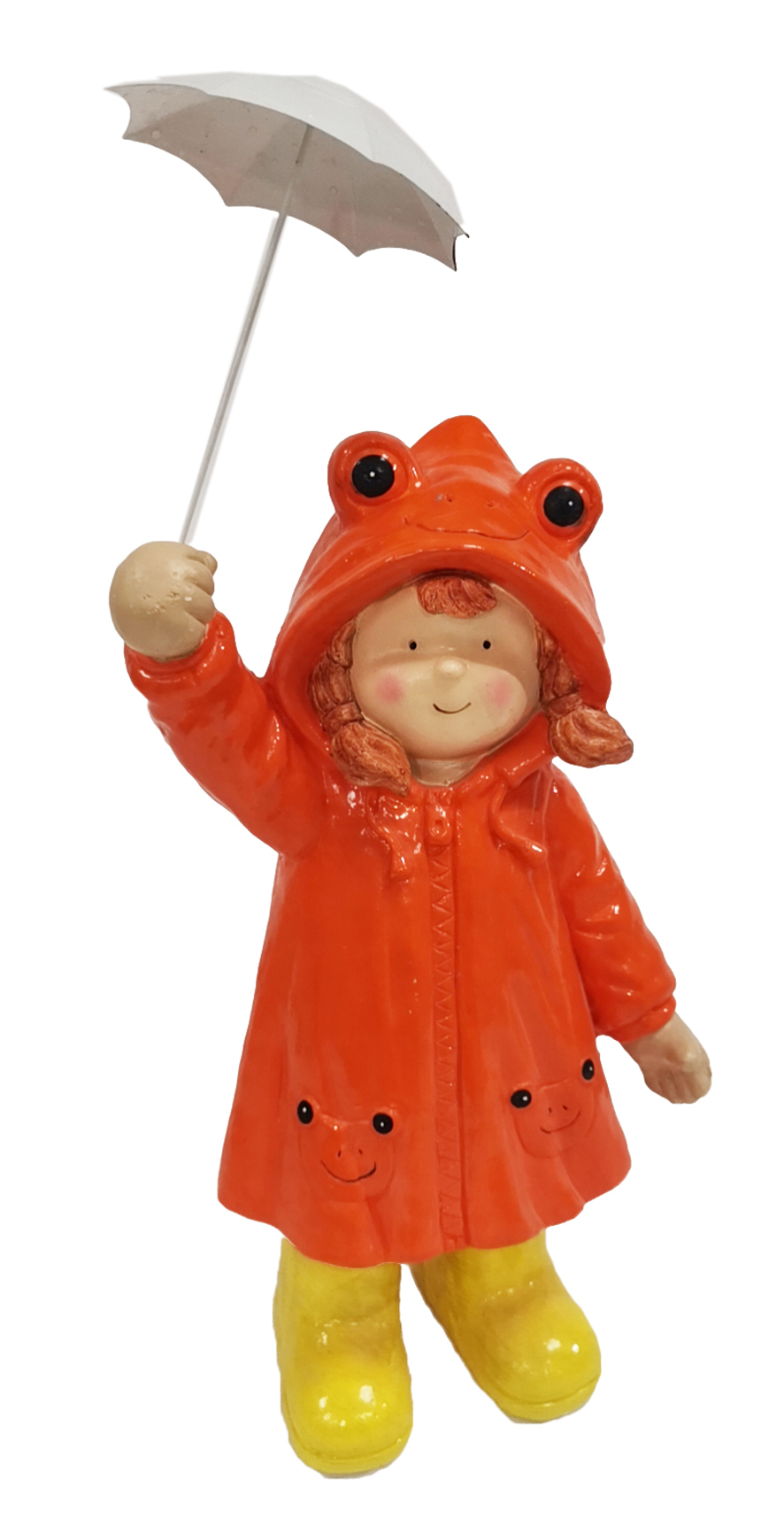 G0291 GIRL WITH RED RAINCOAT AND WHITE METAL UMBRELLA